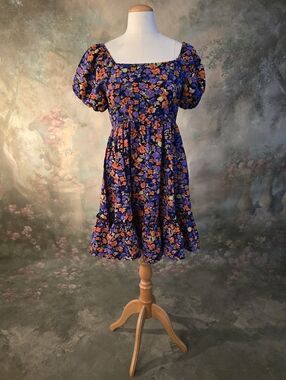 Umgee Smocked Floral Mini Dress Short Puffed Sleeves Ruffle Hem S